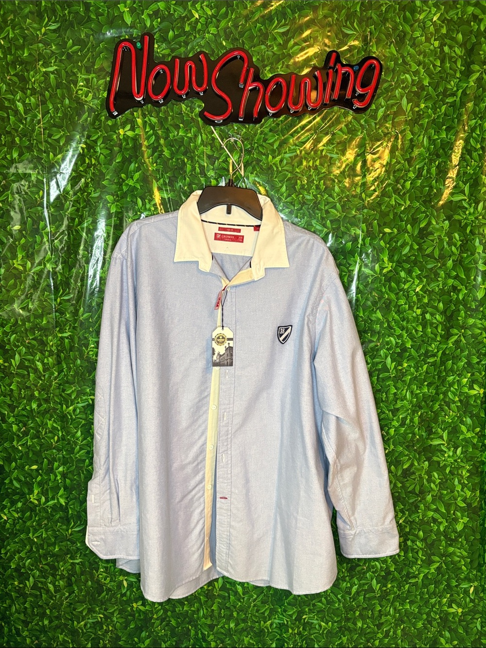 Men's Varsity Light Blue Button-Down Shirt with Contrast White Collar
